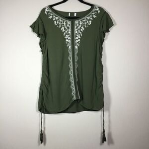 Mossy green white embroidery tassel side boho top hippie bohemian beach size XL